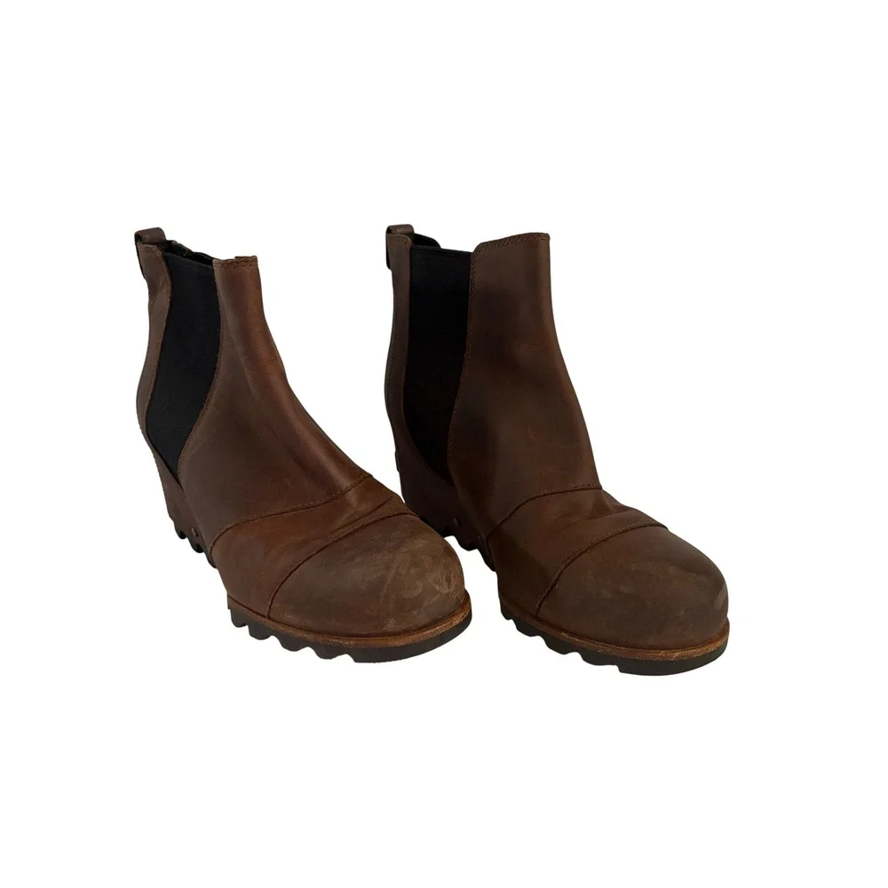 Sorel Joan of Arctic Wedge II Chelsea Boots Brown Leather Ankle Wedge Womens 8